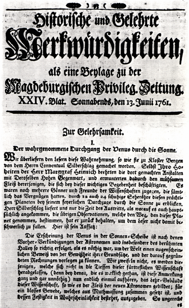 13.Juni 1761 in der "Magdeburgischen Privilegierten Zeitung" Seite 1 Quelle: Stadtarchiv Magdeburg